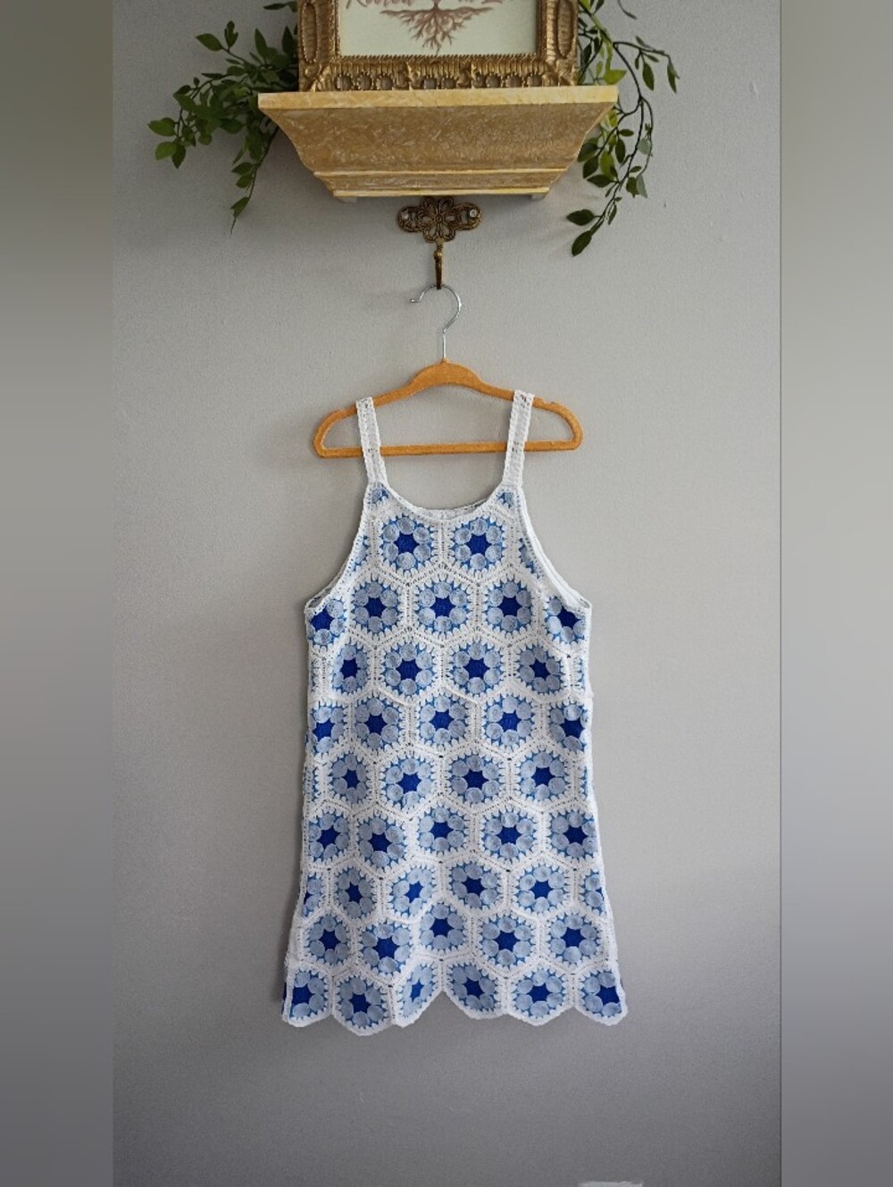 Rare Editions White Crochet Dress with Blue Floral Insets